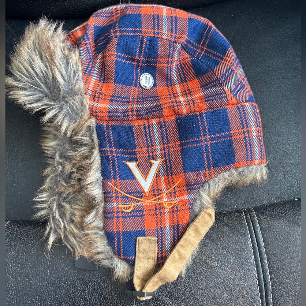 The Honour Society UVA Orange and Navy Blue Plaid Trapper Hat with Faux Fur Trim